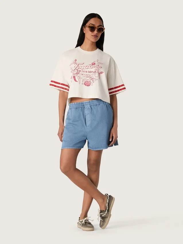 Women's cropped T-shirt in white cotton with print and embroidery