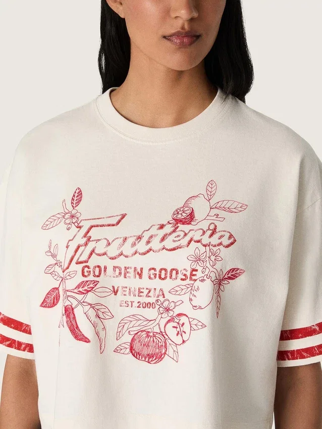 Women's cropped T-shirt in white cotton with print and embroidery