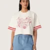 Women's cropped T-shirt in white cotton with print and embroidery