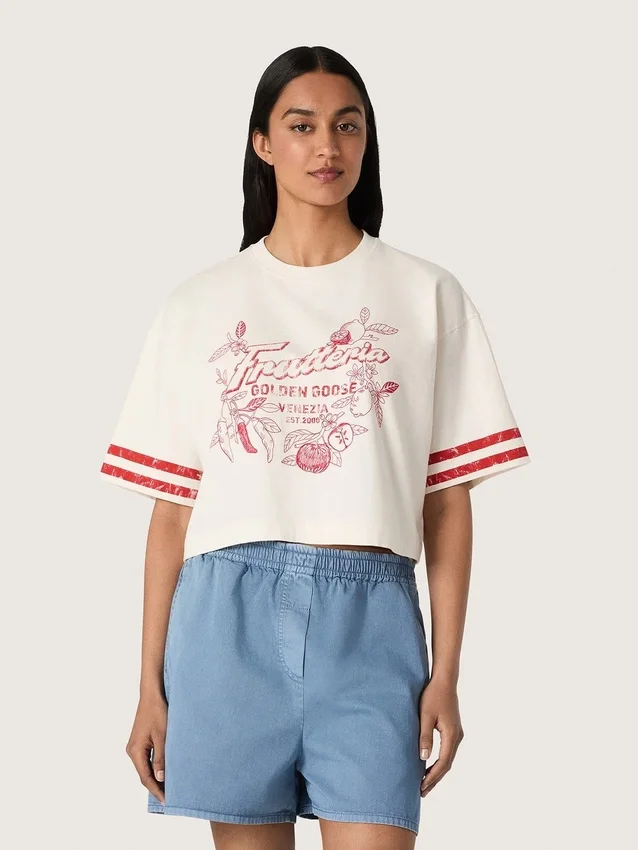 Women's cropped T-shirt in white cotton with print and embroidery