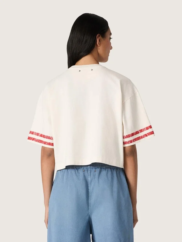 Women's cropped T-shirt in white cotton with print and embroidery