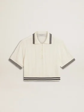 Women's cropped worn-white cotton polo shirt with blue ribbing