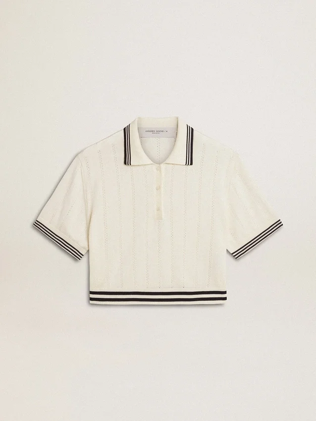 Women's cropped worn-white cotton polo shirt with blue ribbing
