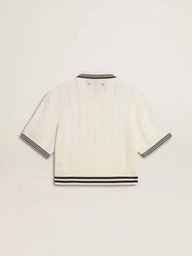 Women’s cropped worn-white cotton polo shirt with blue ribbing