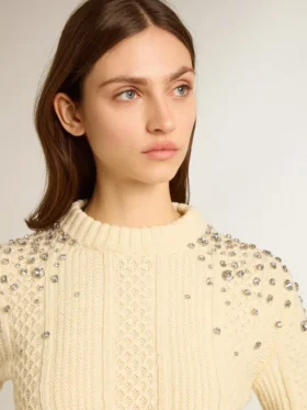 Women’s cropped worn-white sweater with decorative crystals