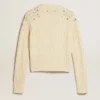 Women's cropped worn-white sweater with decorative crystals