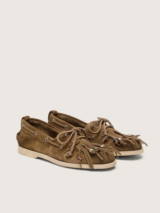Women's Cruise loafer in khaki suede with fringe and multicolored beads