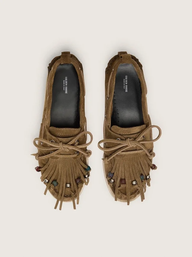 Women's Cruise loafer in khaki suede with fringe and multicolored beads
