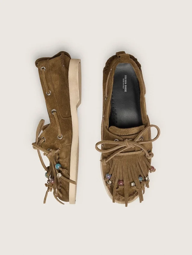 Women's Cruise loafer in khaki suede with fringe and multicolored beads