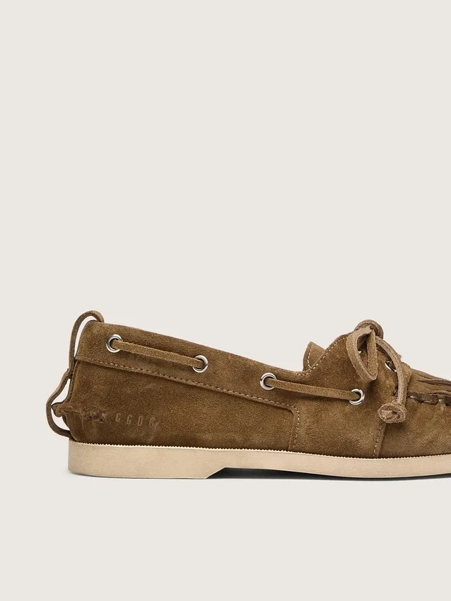 Women's Cruise loafer in khaki suede with fringe and multicolored beads