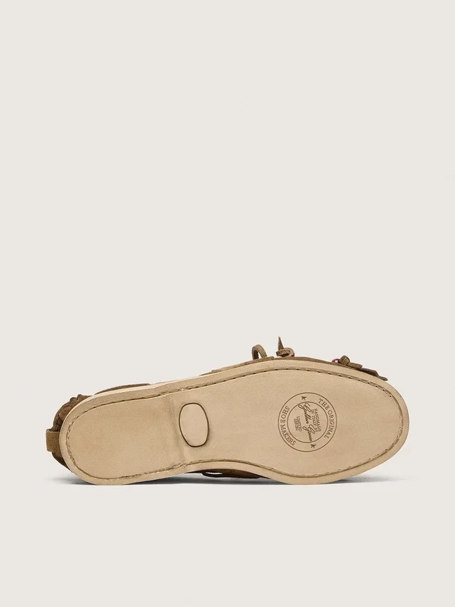 Women's Cruise loafer in khaki suede with fringe and multicolored beads