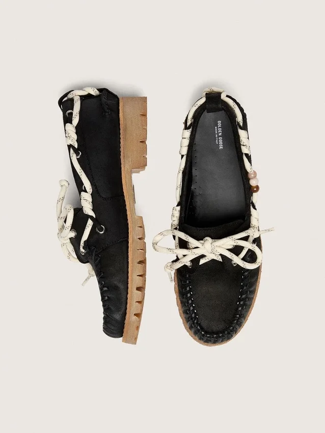Women's Cruise loafers in black waxed suede with black hiking laces