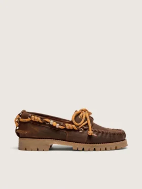 Women's Cruise loafers in brown waxed suede with dove gray hiking laces