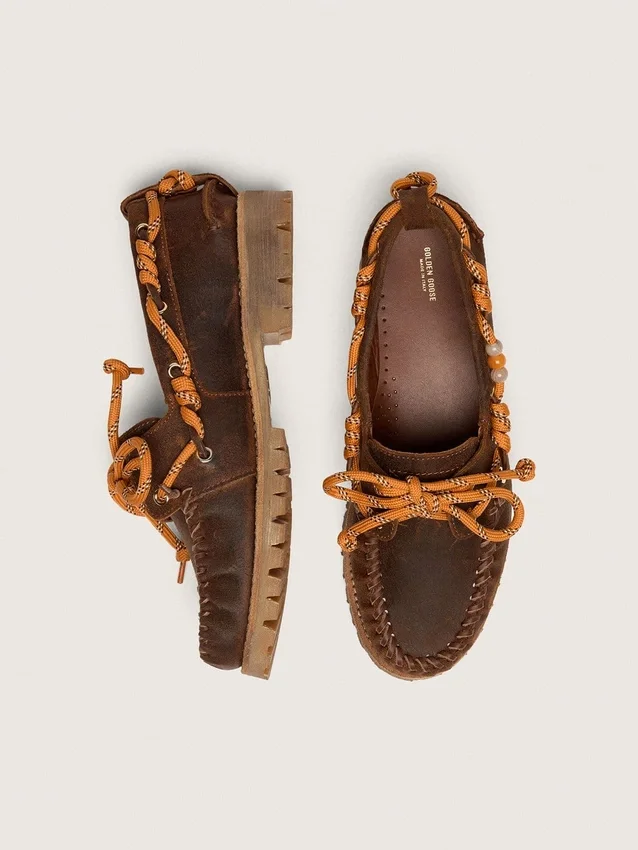 Women's Cruise loafers in brown waxed suede with dove gray hiking laces