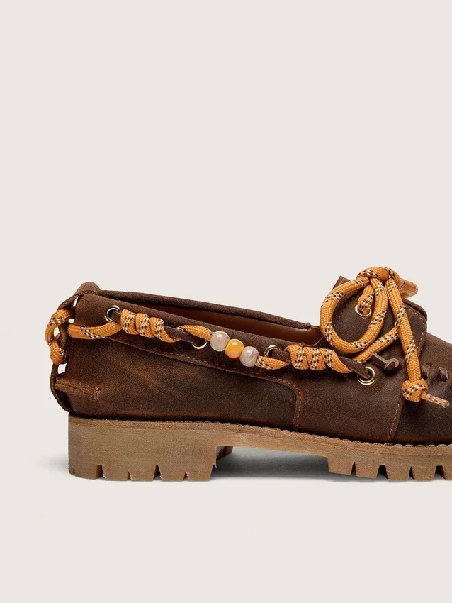 Women's Cruise loafers in brown waxed suede with dove gray hiking laces