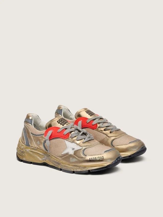 Men's Dad-Star in gold laminated leather and mesh with white leather star and gold leather heel tab