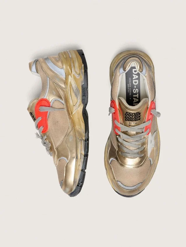 Men's Dad-Star in gold laminated leather and mesh with white leather star and gold leather heel tab