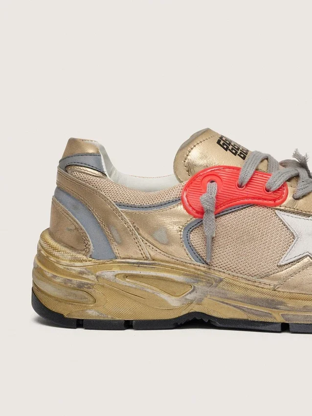 Men's Dad-Star in gold laminated leather and mesh with white leather star and gold leather heel tab