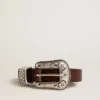 Women's dark brown leather belt with decorated silver buckle