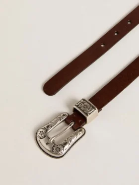 Women’s dark brown leather belt with decorated silver buckle