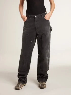 Women’s distressed black cotton jeans with front patches