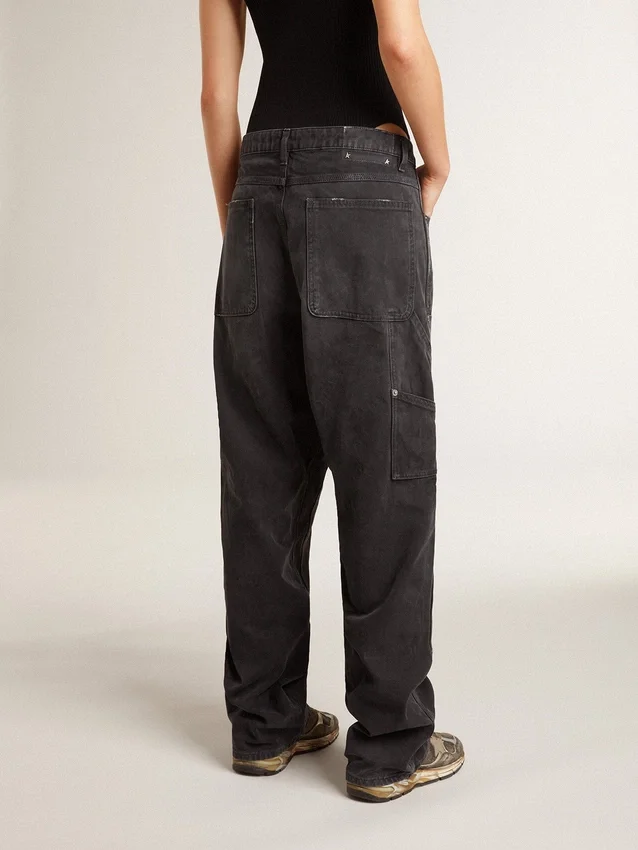 Women's distressed black cotton jeans with front patches