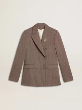 Women's double-breasted blazer in beige chevron wool blend