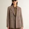 Women's double-breasted blazer in beige chevron wool blend