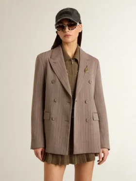 Women’s double-breasted blazer in beige chevron wool blend