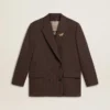 Women's double-breasted blazer in dark brown wool with thin stripe pattern