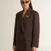 Women's double-breasted blazer in dark brown wool with thin stripe pattern
