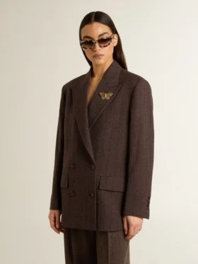 Women’s double-breasted blazer in dark brown wool with thin stripe pattern