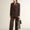 Women's double-breasted blazer in dark brown wool with thin stripe pattern