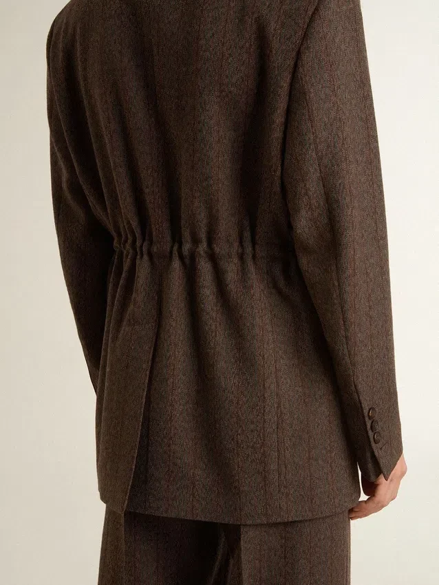Women's double-breasted blazer in dark brown wool with thin stripe pattern