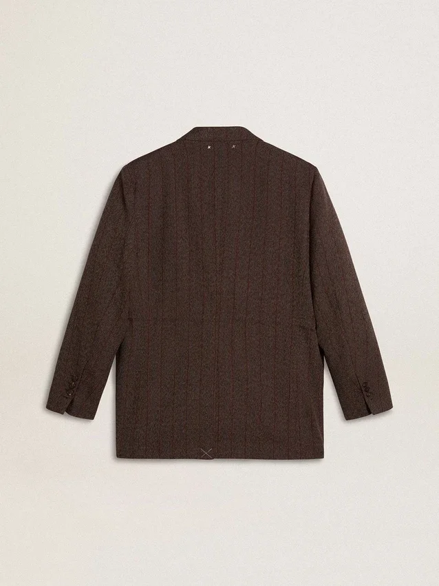 Women's double-breasted blazer in dark brown wool with thin stripe pattern