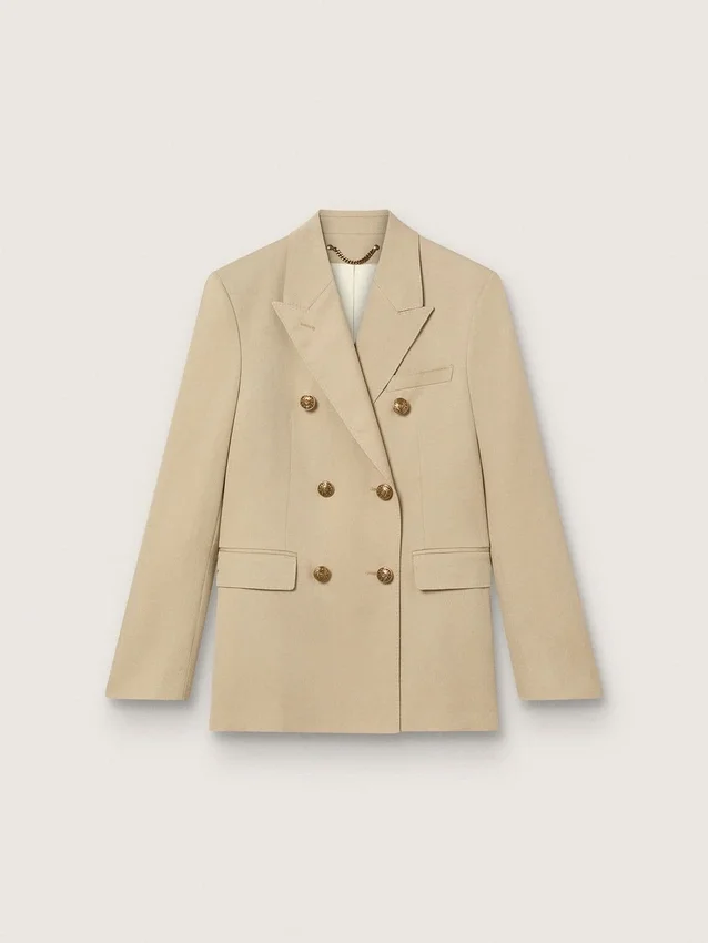 Women’s double-breasted blazer in sand with gold heraldic buttons