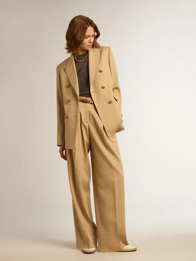 Women’s double-breasted blazer in sand with gold heraldic buttons