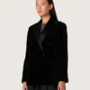 Women's double-breasted jacket in black velvet with black satin lapels