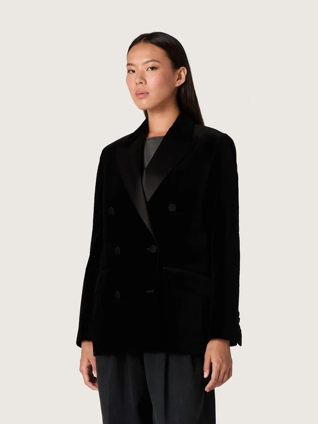 Women's double-breasted jacket in black velvet with black satin lapels