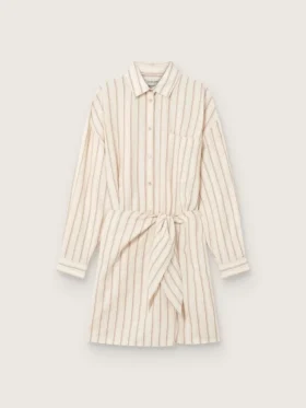 Women’s ecru cotton shirt dress with beige and brown stripes