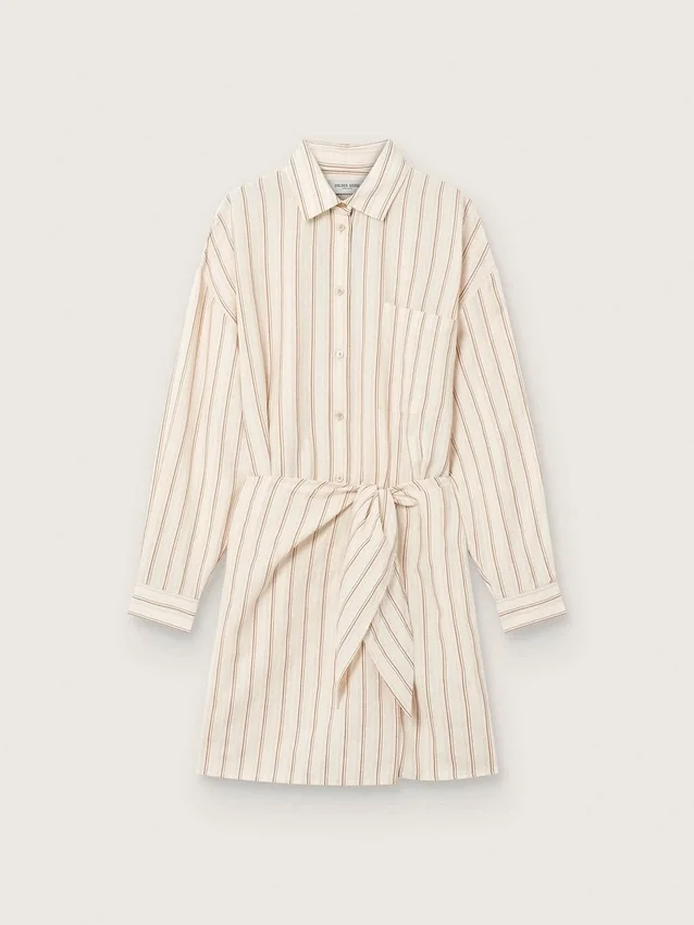 Women’s ecru cotton shirt dress with beige and brown stripes
