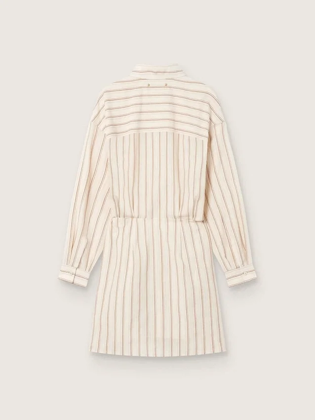 Women’s ecru cotton shirt dress with beige and brown stripes