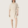 Women’s ecru cotton shirt dress with beige and brown stripes