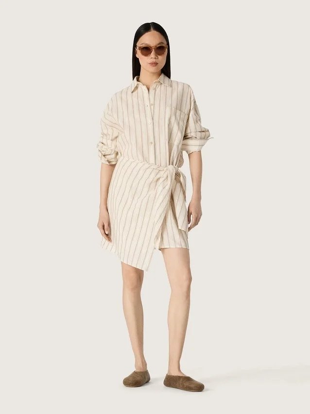 Women’s ecru cotton shirt dress with beige and brown stripes