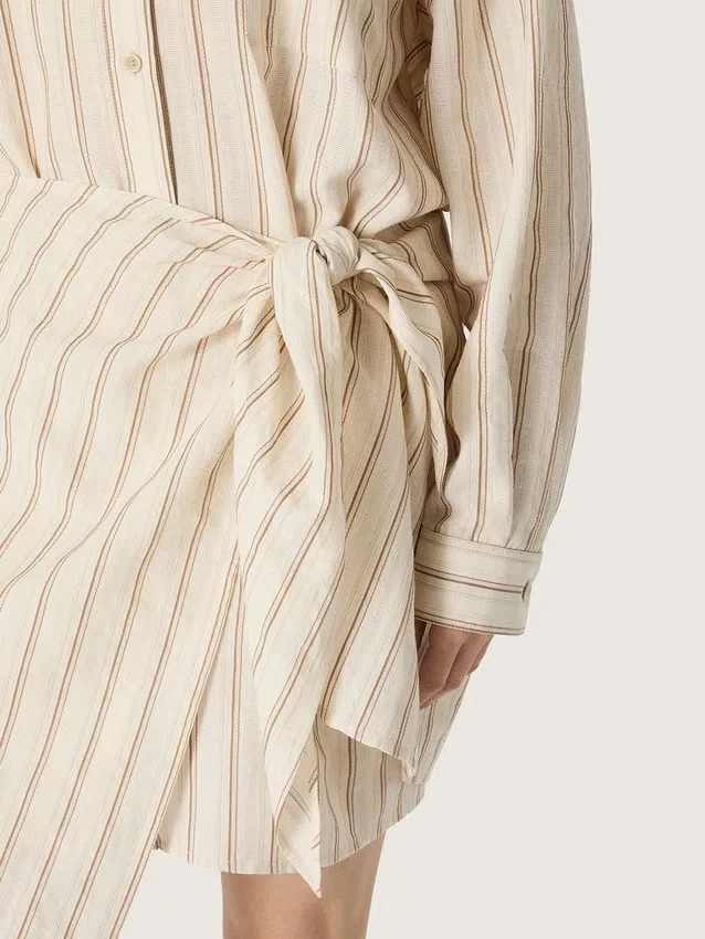 Women’s ecru cotton shirt dress with beige and brown stripes