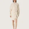 Women’s ecru cotton shirt dress with beige and brown stripes