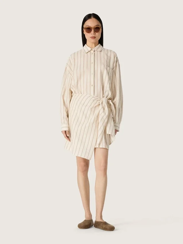 Women’s ecru cotton shirt dress with beige and brown stripes