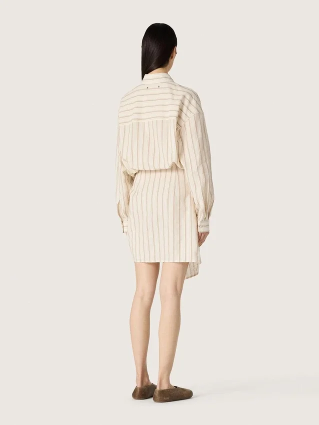 Women’s ecru cotton shirt dress with beige and brown stripes