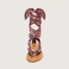 Women’s flat sandals with burgundy paisley pattern and jewel detail