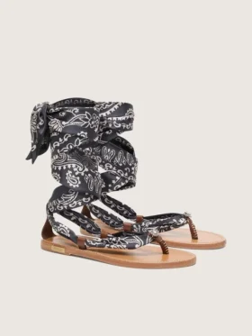 Women’s flat sandals with dark blue paisley pattern and jewel detail